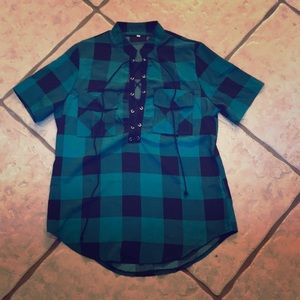 NWOT Buffalo Plaid Lace Up Top - Size L.